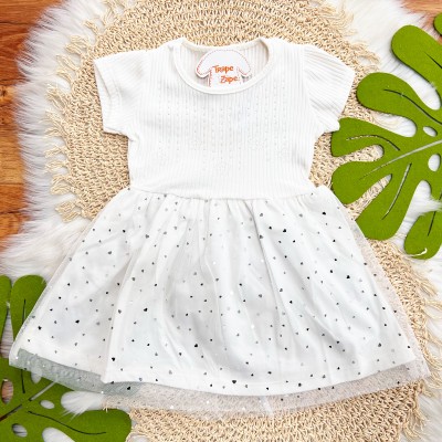  Vestido Manga Curta com Tule de Corações - Off White 